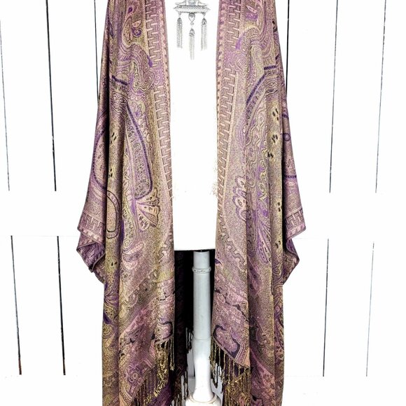Tan purple tribal paisley pashmina kimono cover up - Picture 4 of 7
